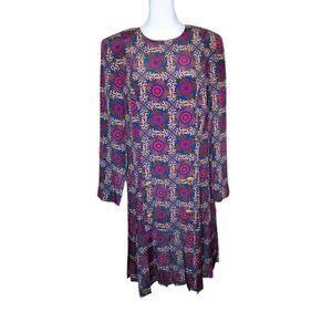 Vintage 80s Leslie Fay Drop Waist Pleated Dress Womens Size 12 Purple Office